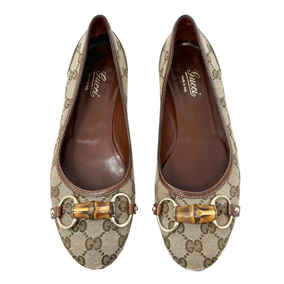 Gucci GG Canvas Bamboo Horsebit Flats Monogram Beige Brown 7.5 - Picture 1 of 10